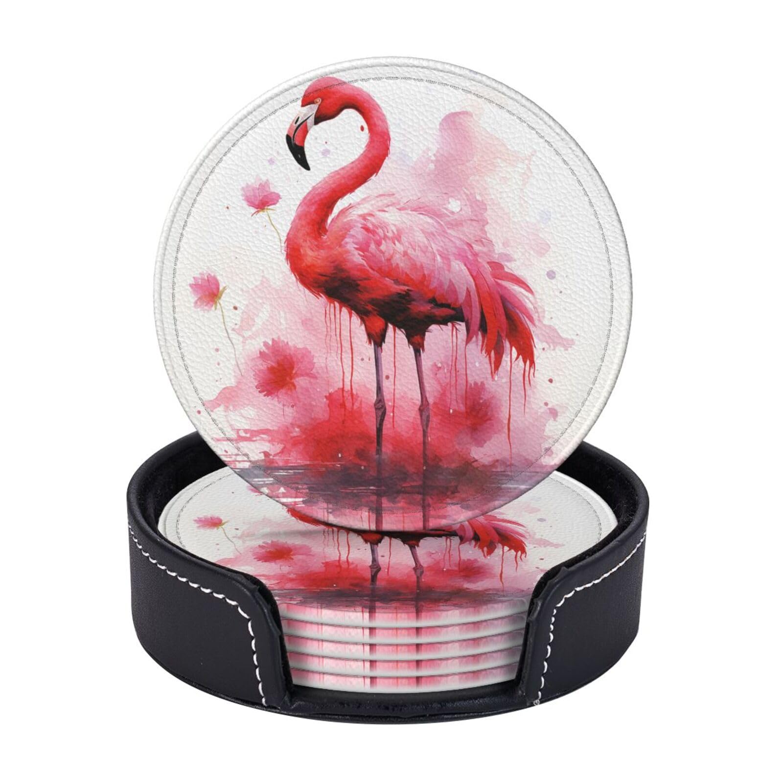 Round Coasters for Drinks Set of 6 - PU Leather Coasters with Holder - Modern Drink Coasters for Coffee Table - Flamingo Watercolor Coaster for Tabletop Protection 4" Cup Mat Pad