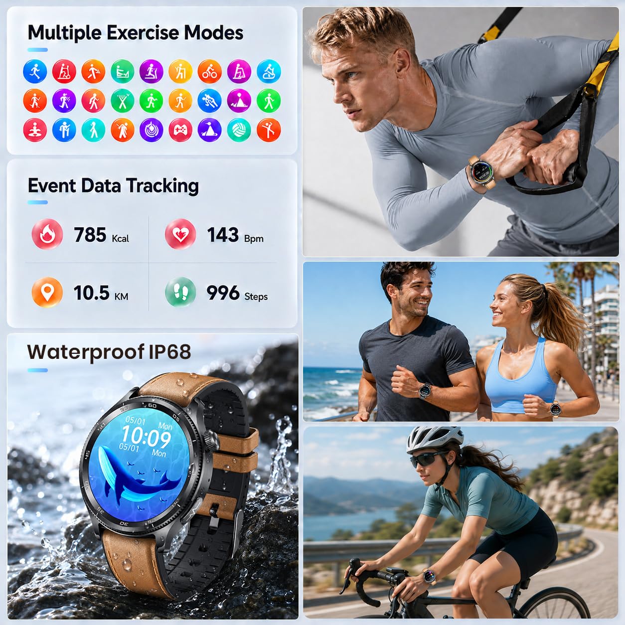 Orologio Smartwatch Uomo con Cardiofrequenzimetro Salute: 1.43“ Intelligenti Orologi con Bluetooth ECG HRV SpO2 Sonno Pressione Sanguigna 100+ Modalità Sportive Fitness Watch Compatibile Android e iOS