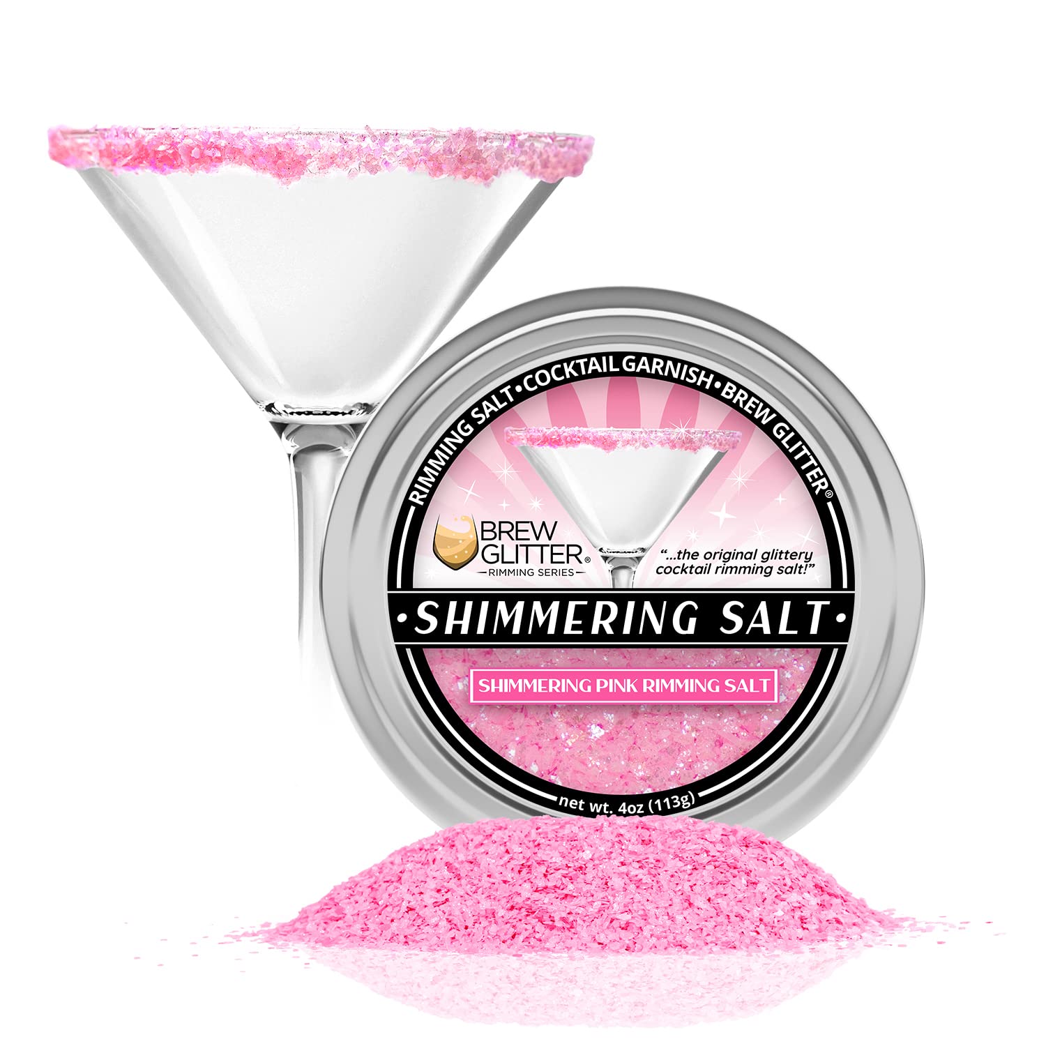 Brew Glitter - Shimmering Pink Rimming Salt (4oz, 1x Bar Tin) Edible Glitter Blended Cocktail Garnish for Mixed Drinks and Beverages