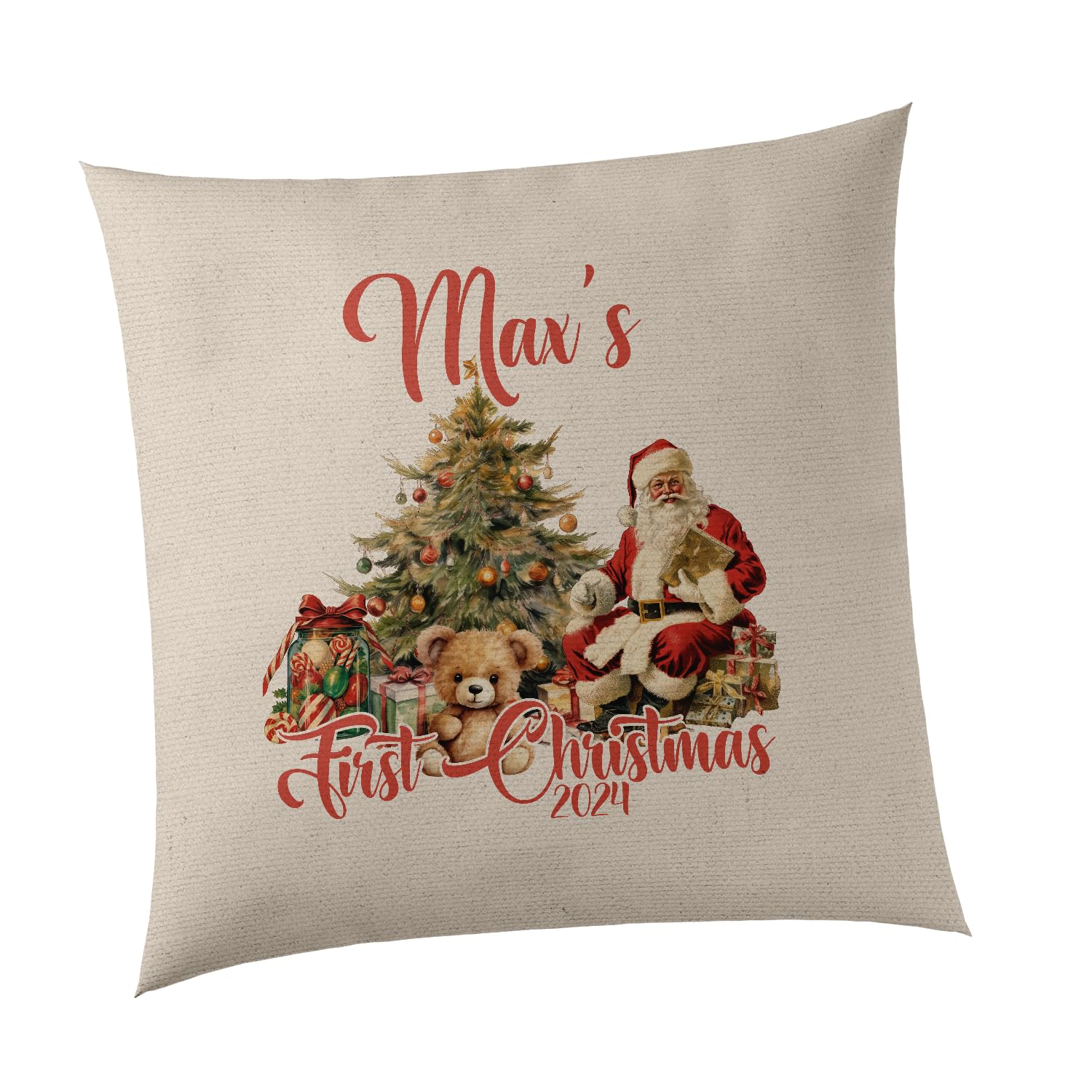 Smartypants Cover+Filling Personalised Santa Xmas Tree Baby Name Christmas Cushion - First Newborn Joyful Festive Home Decor Present (Cover+Filling)