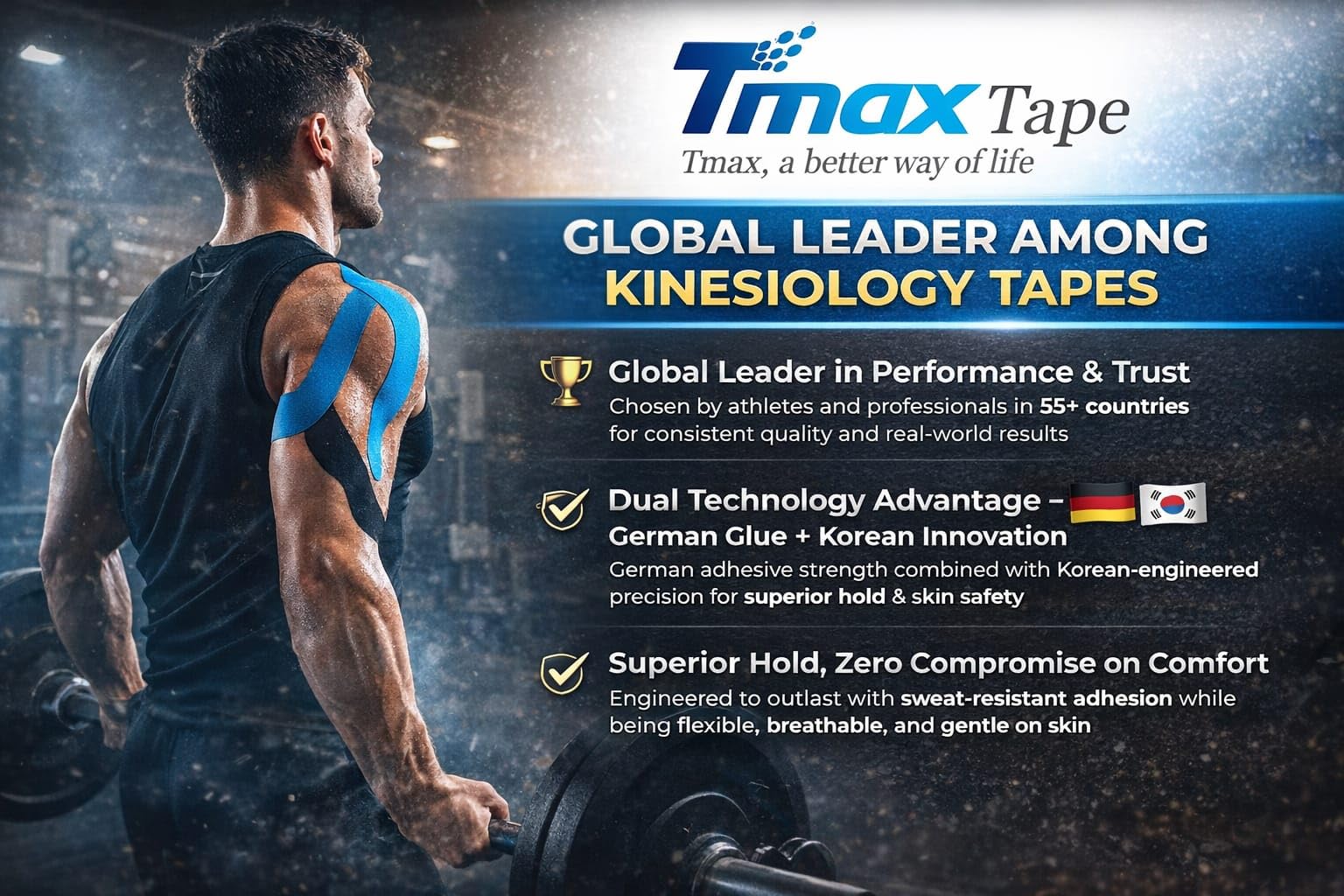 Tmax nastro kinesiologico impermeabile | nastro sportivo per lesioni, supporto muscolare, sollievo dal dolore, supporto articolare e fisioterapia (5 m x 5 cm) (nero)