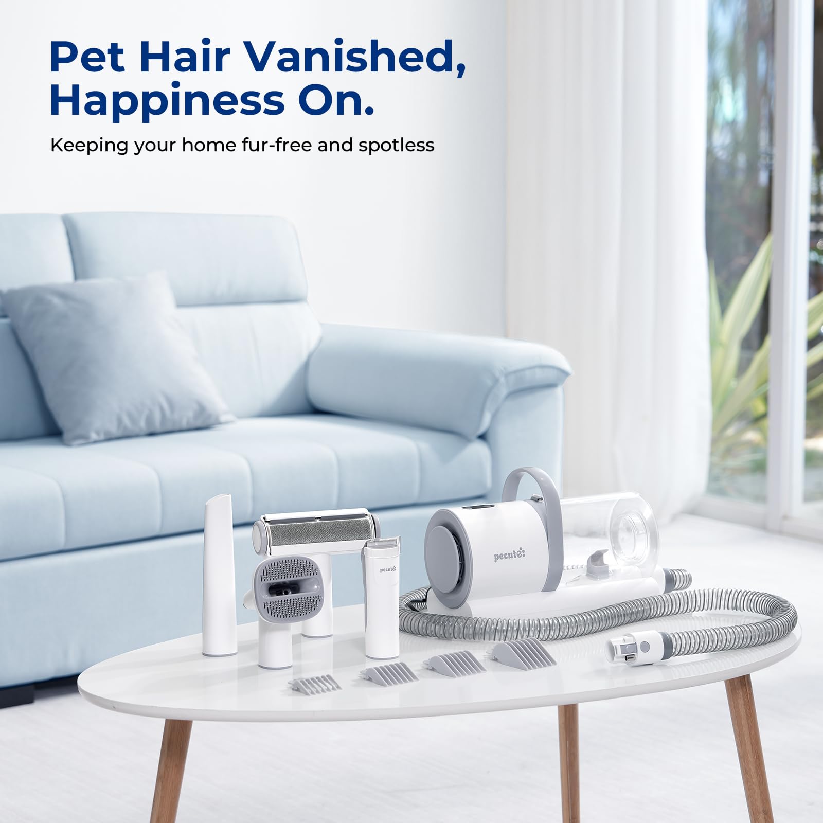 Pecute Aspirateur Tondeuse Chien Chat 4 en 1, 12000 Pa Kit Toilettage Professionnel avec 8 Accessoires, 1.5L Bac, 55 DB Silencieux, pour Poils Longs/Epais