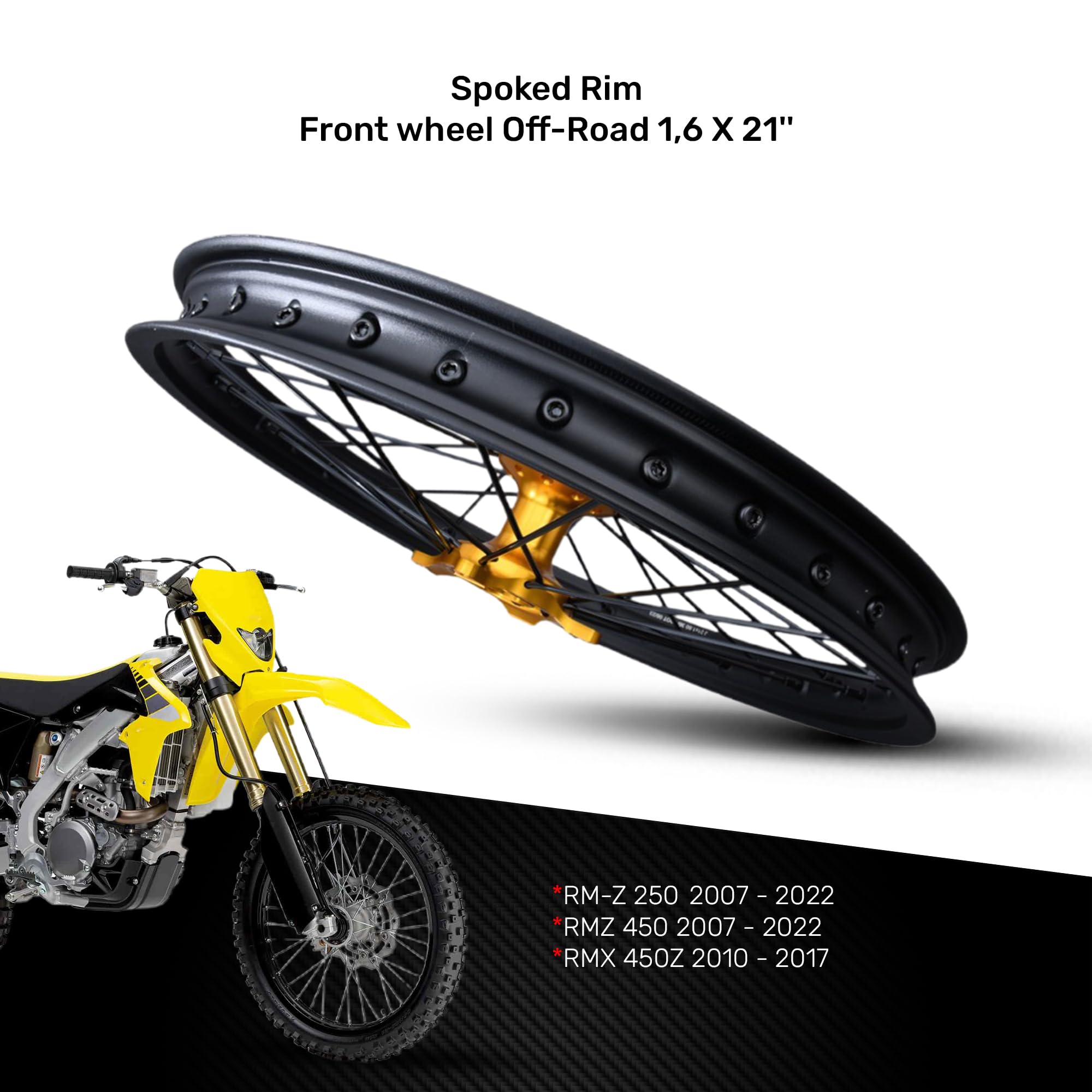 avdb -moto felga/kompletne koło przednie 1,6" x 21" kompatybilna z SUZUKI RMZ 250 RM-Z 2007-2022, RMZ 450 2007-2022, RMZ 450 X RMZ-X 2010-2017 Enduro (żółta)