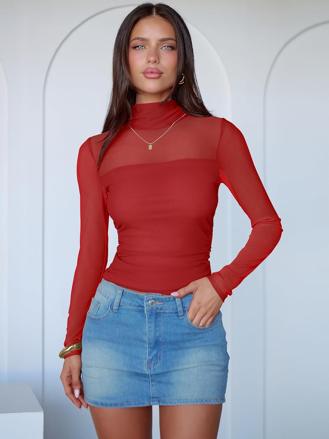 ANRABESS Womens Sexy Mesh Long Sleeve Shirts Trendy Mock Neck Sheer Ruched Going Out Tops Fall Slim Fit Blouses 2025 - Image 6
