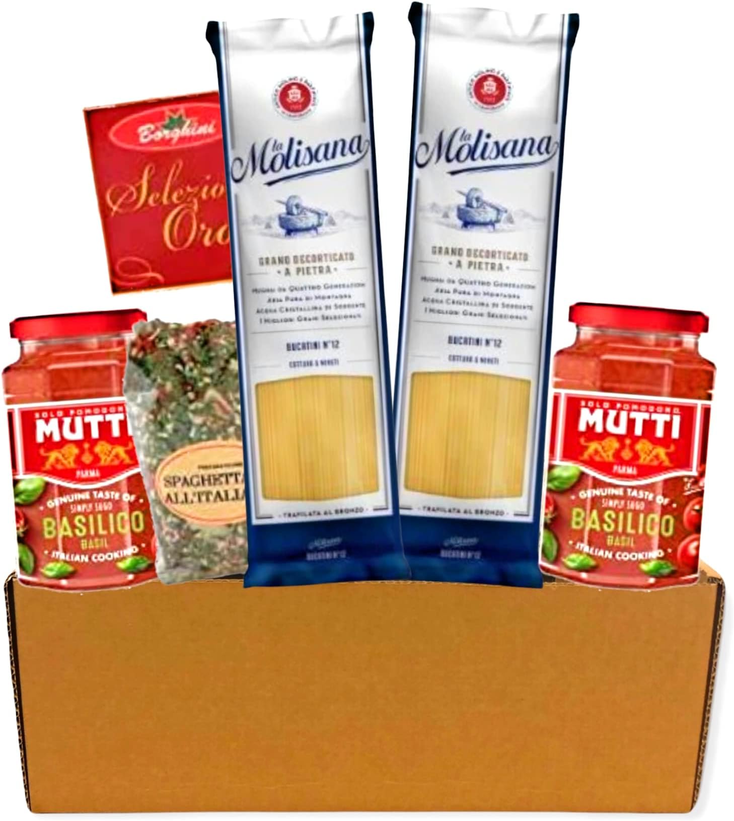 PEEKABOO ZAZYS Create Your Own Authentic Italian Spaghetti Kit! | Gift Box | La Molisana Bucatini Spaghetti + Italian Herb Seasoning + Mutti Basil Sauce | Gift Hamper