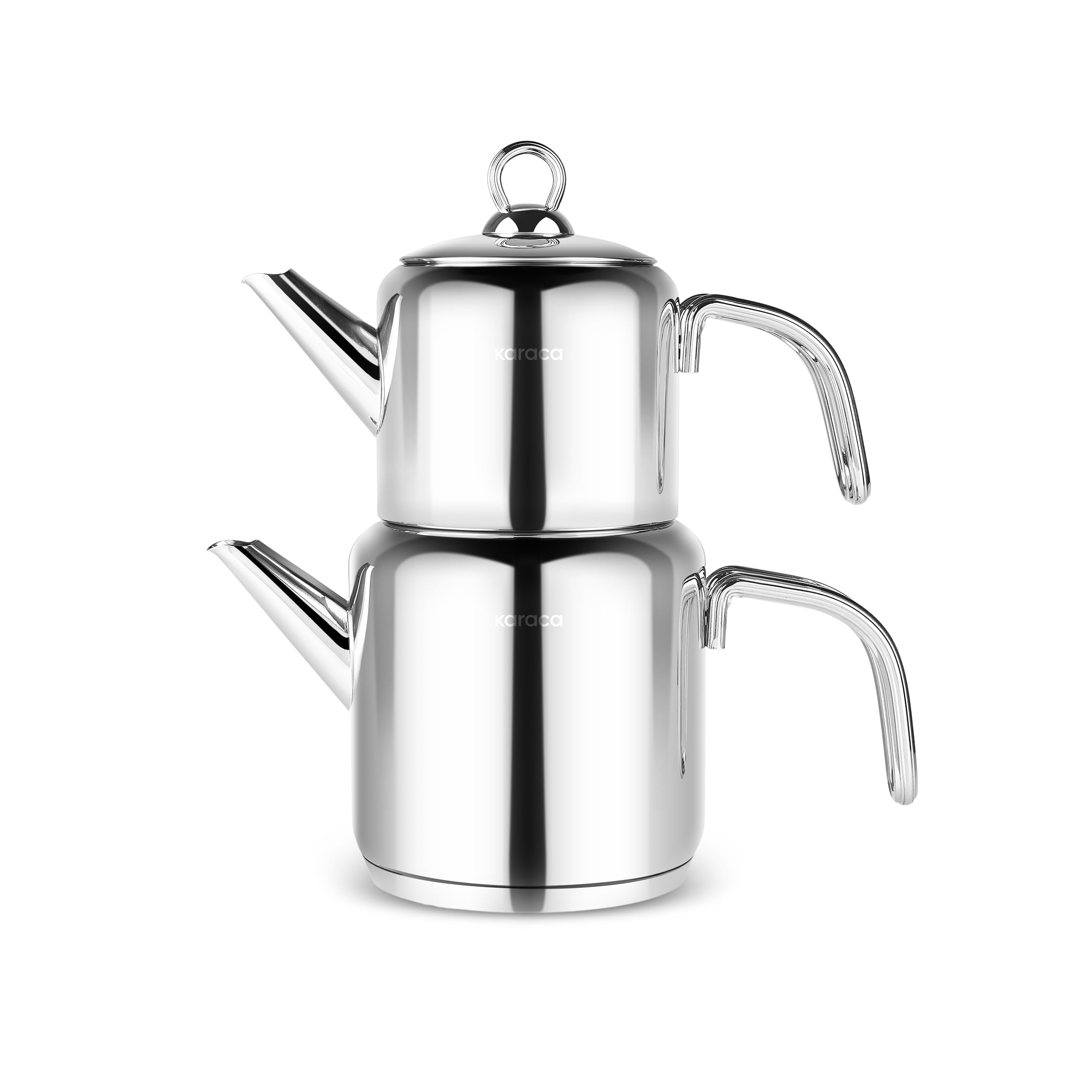 Karaca New Mani Edelstahl Türkische Teekanne Set, Wasserkocher 2 Liter & Teekanne 1 Liter (Caydanlik), Kapselboden für Induktion geeignet, Wärmeresistente Griffe Çaydanlık