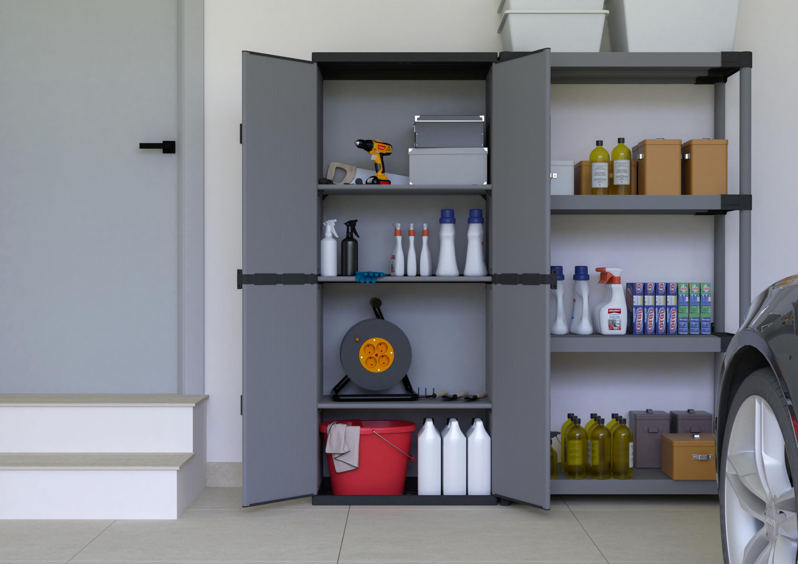 Adventa: Armadio in resina di PVC e PP, 2 Ante, 3 Ripiani, Facile da Montare, Modular System, Resistente, Adatto ad ambienti Interni ed Esterni, 68L x 40P x 165H cm, Grigio e Nero