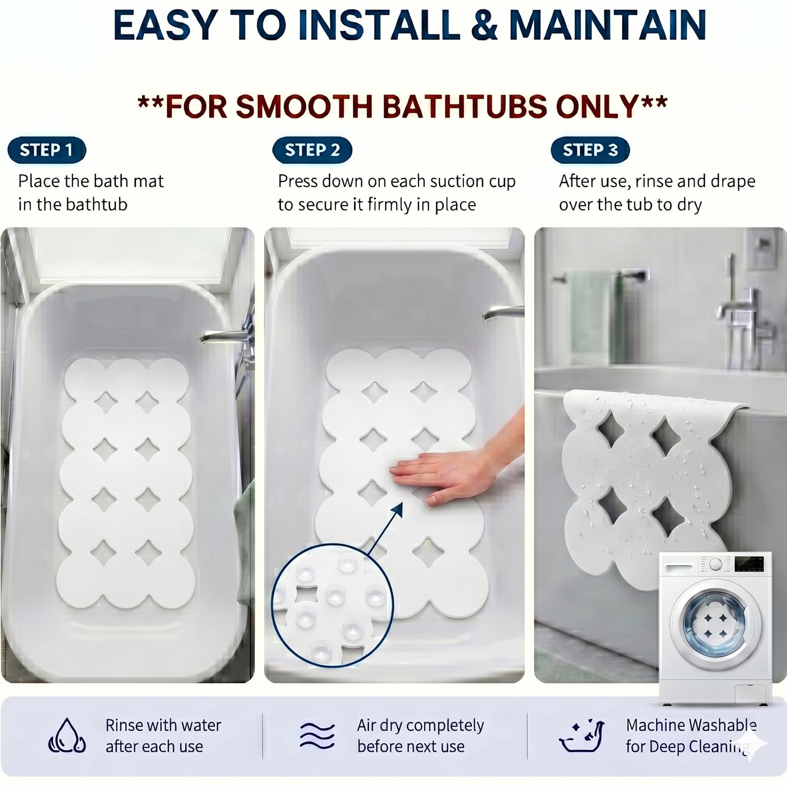 Webos Tapete Antideslizante para bañera con ventosas Fuertes, Agarre y Drenaje Superiores, tapete de baño de Goma Natural Suave y Resistente para el Interior de la bañera (Blanco, 28 x 16 Pulgadas)