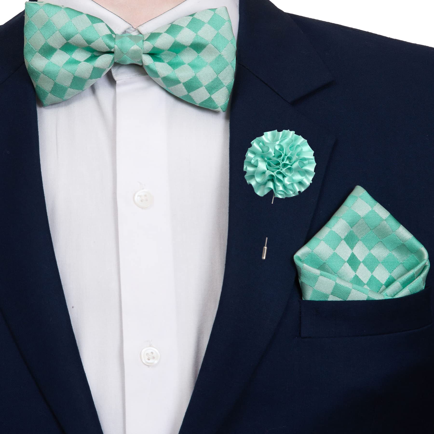 to the nines Men's Microfiber Green Bow Tie & Pocket Square with Lapel Pin-picture-26