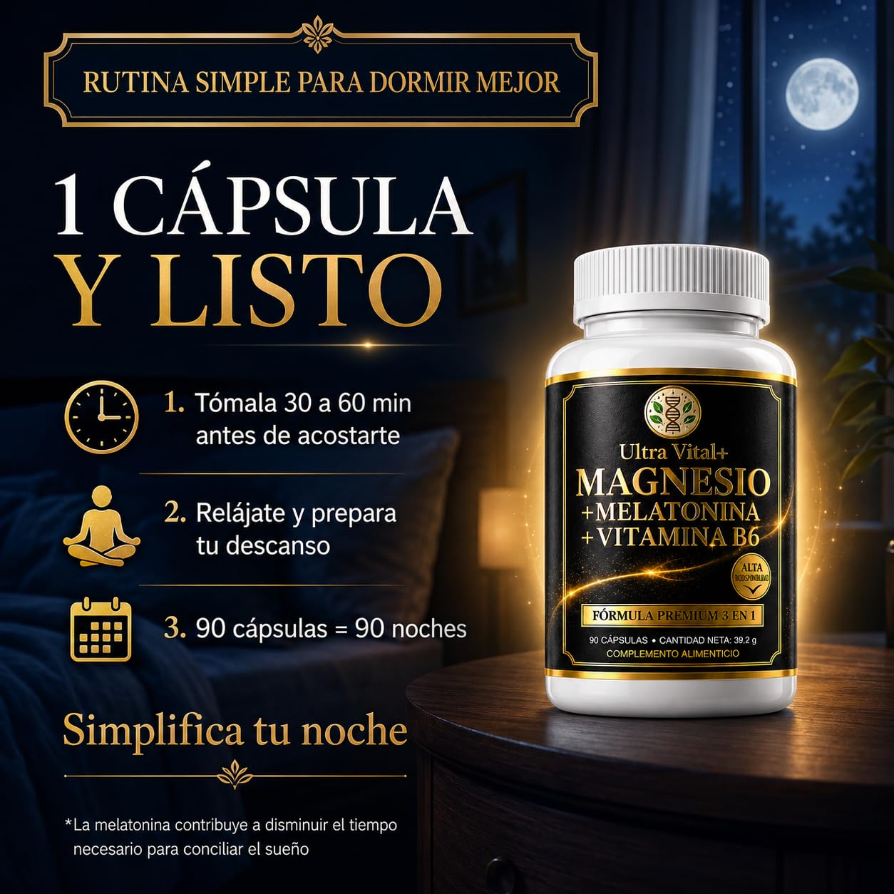 Magnesio Bisglicinato 200mg, Melatonina 1,8mg para Dormir, B6, Cáps Veganas | Glicinato de Magnesio quelado, alta absorción y B6; sin cafeína ni dióxido de titanio. 90 cápsulas, marca española con COA