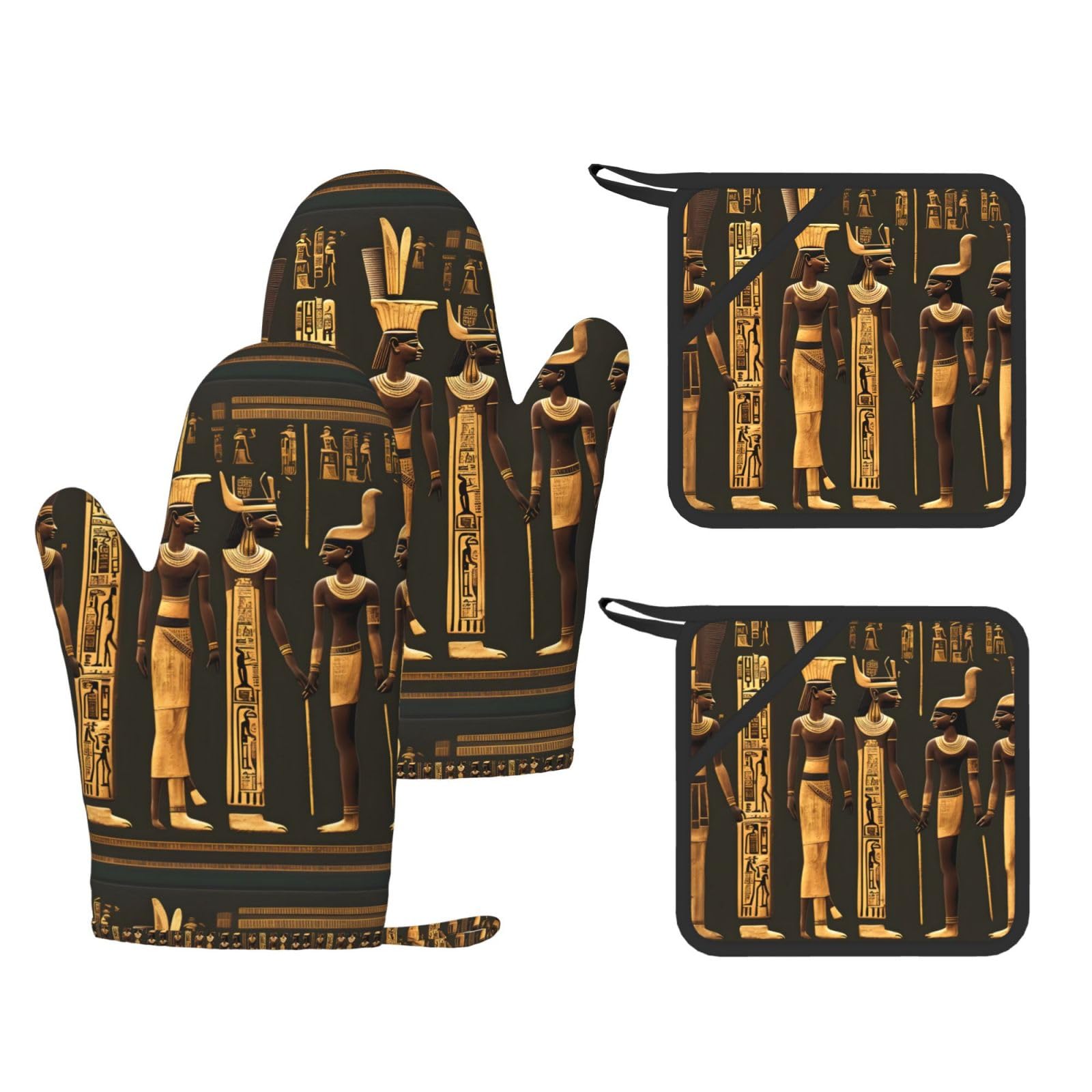 Ancient Egyptian Hieroglyph Print Kitchen Heat Resistant Set,Cooking Kit With Hanging Loop For Baking & Bbq