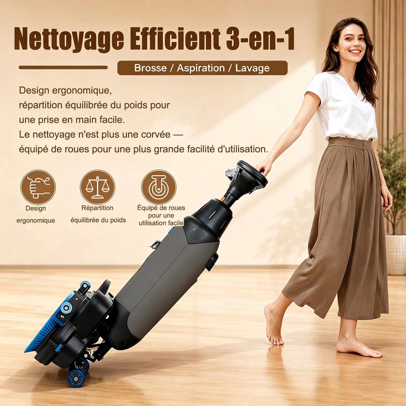 Autolaveuse Verticale et Aspirateur Nettoyeur Sol, Design Compact, Double Brosse Rotative 360°, Nettoyage en Profondeur pour Carrelage et Parquet Blanc-220V