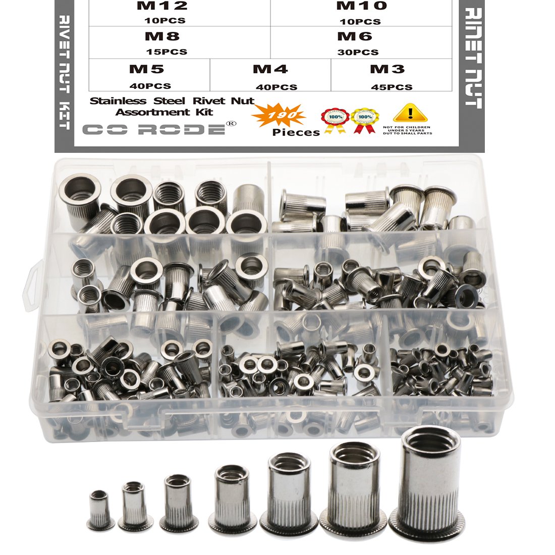 CO-RODE190pcs 304SS Stainless Steel Rivet Nuts Threaded Rivetnut Insert Nutsert(M3, M4, M5, M6, M8, M10, M12)