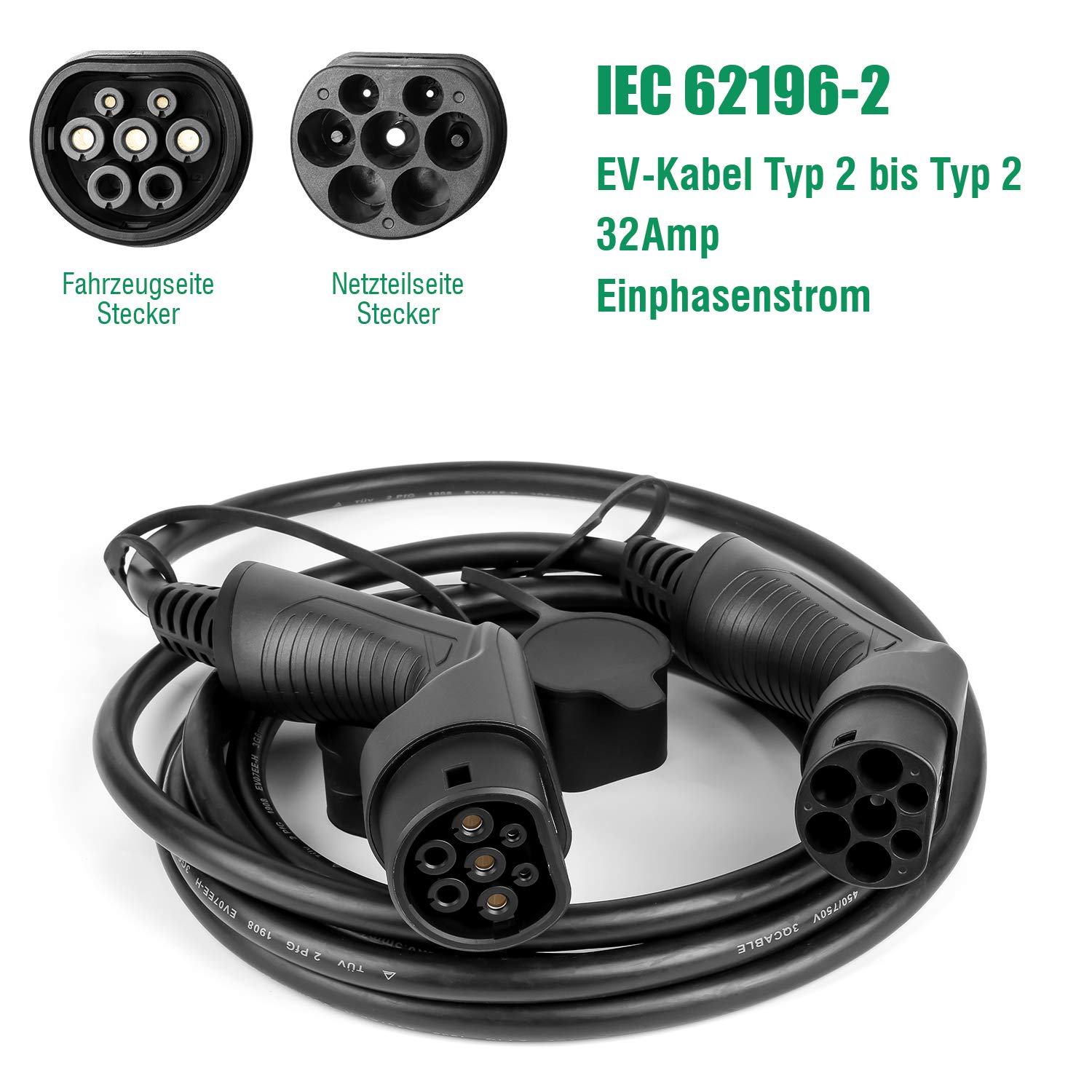 Cavo di ricarica per auto elettrico 32A monofase, 5m tipo 2 a tipo 2 (IEC 62196-2)