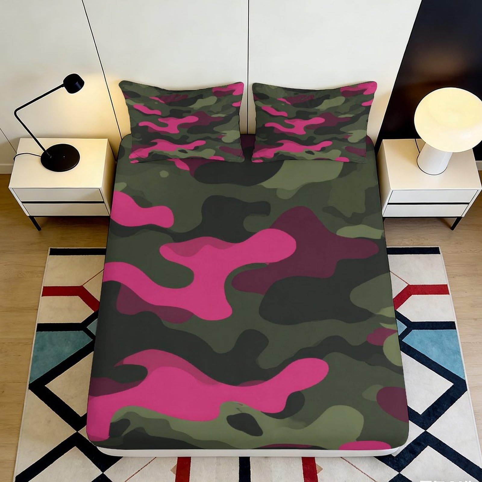 3D Printed Pink Camouflage Fitted Sheet Microfiber Soft Breathable Army Camo Mattress Cover for Bedroom Dorm Decor 90x200x25cm