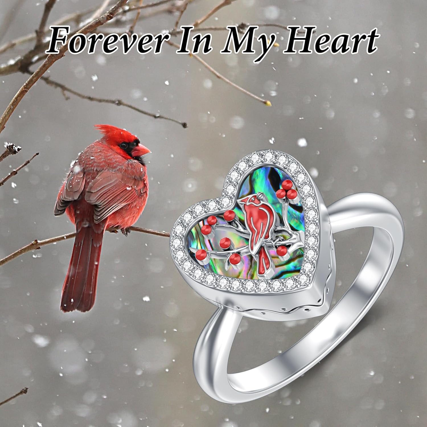 LONAGO Red Cardinal Urn Rings 925 Sterling Silver Red Bird Abalone Shell Urn Ring Ashes Memorial Ring Keepsake Cremation Jewelry Our Love Never Dies Gifts for Women Mom Size 5-9 - Image 6