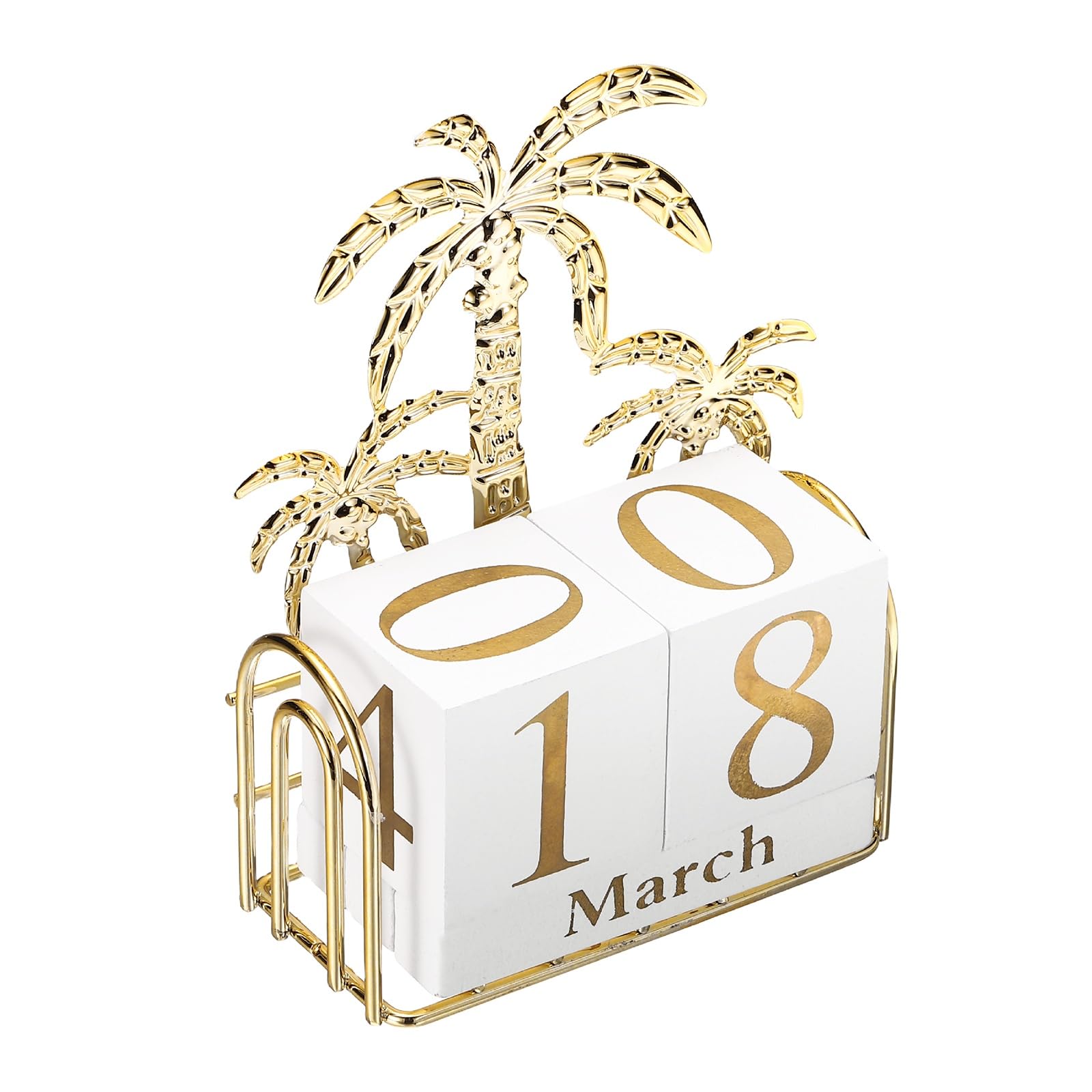 PATIKIL Wooden Perpetual Block Calendar, Golden Decorative Daily Display with Movable Blocks Modern Farmhouse Office Coffee Table Decor for Parties Holidays Wedding, Palm Tree