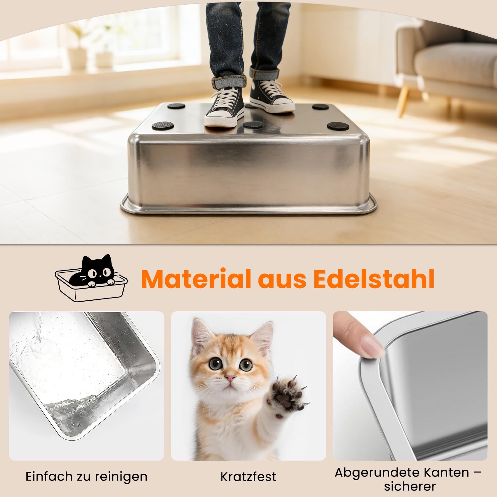 XXL Edelstahl Katzentoilette mit Deckel - 60x43x40cm Großes Katzenklo geschlossen, 120° Klappdeckel, Auslaufsicher für Stehpinkler & Große Katzen, inkl. Streu-Treppe & Schaufel, Grau