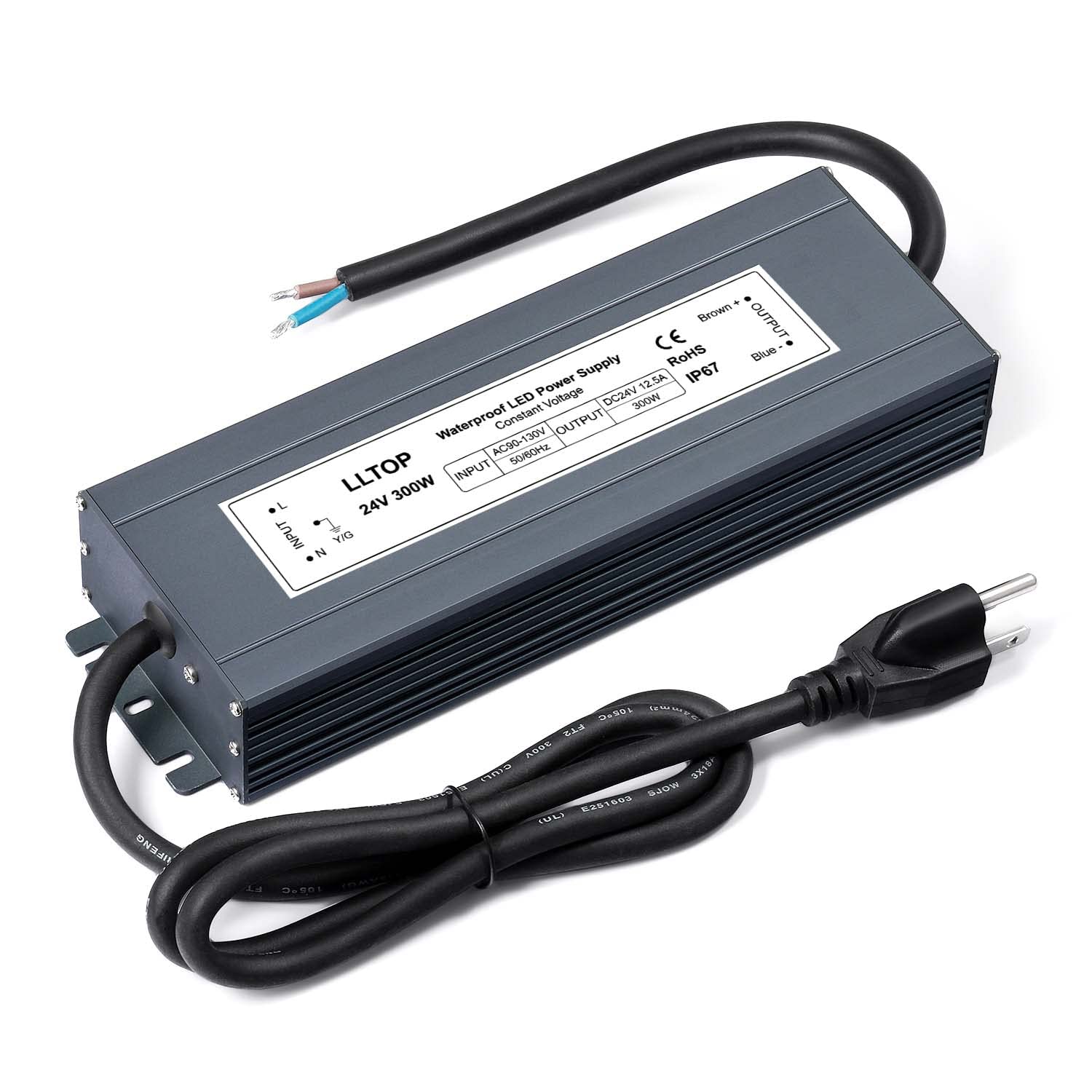 LLTOP Zasilacz LED, 24 V, 12,5 A, 300 W, sterownik LED, AC 90-130 V na 24 V DC, konwerter, transformator niskiego napięcia, wodoszczelny, do użytku wewnątrz i na zewnątrz, oświetlenie LED