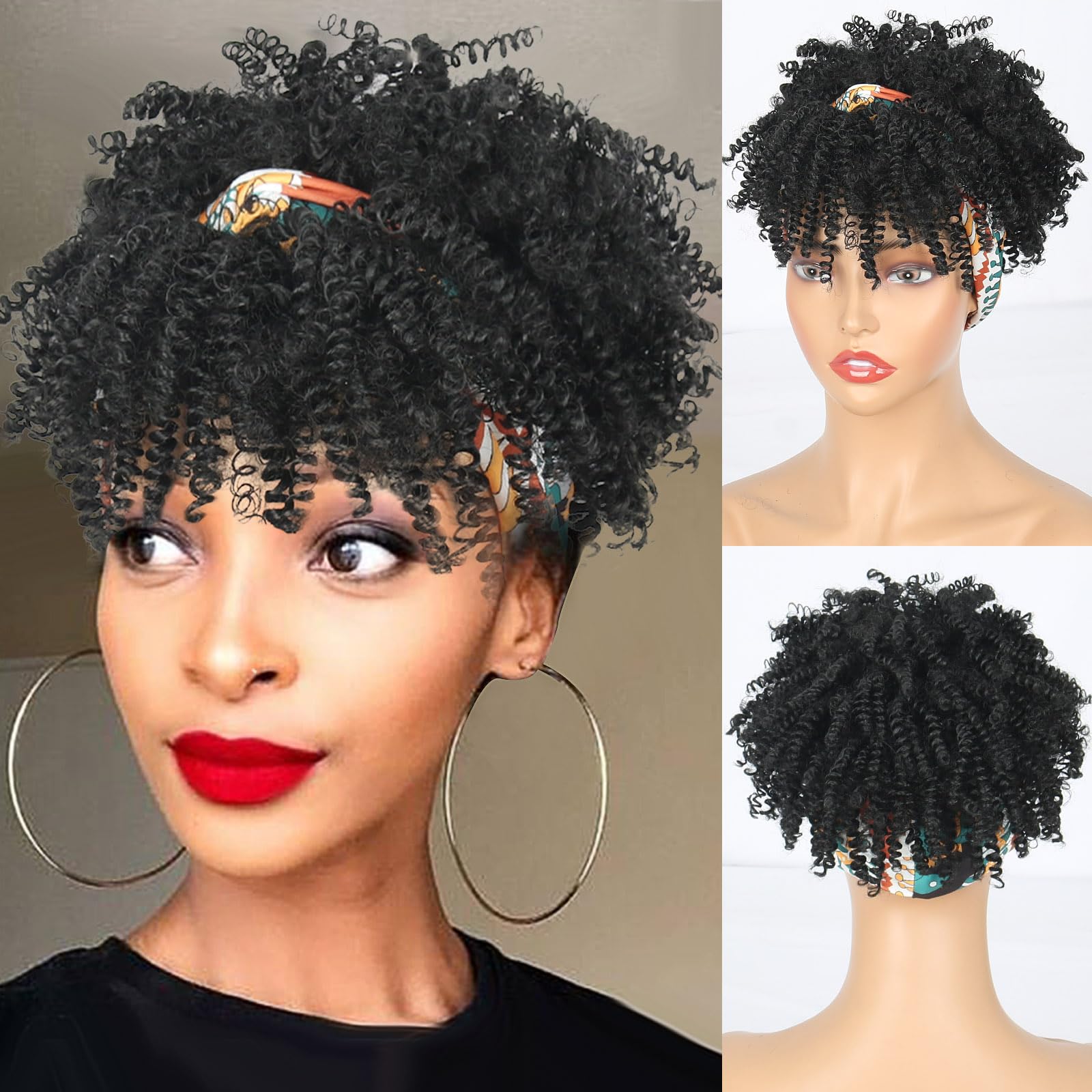 LEOSA Black Headband Wig with Bangs for Black Women Curly with Headband Attached Synthetic Short Kinky Curly Hair Afro Kinky Black with Bangs Natural