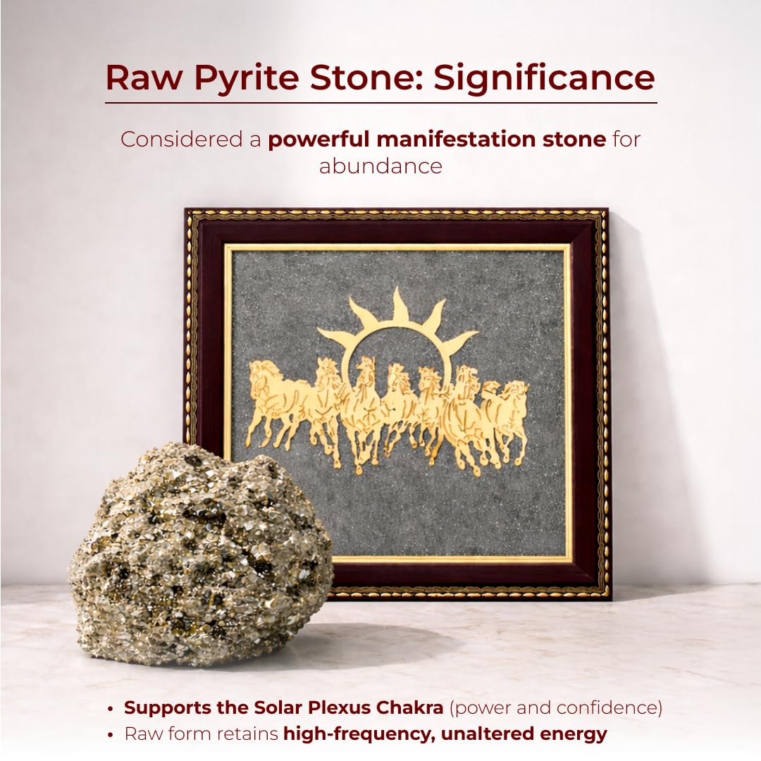 Divine Hindu 7 koni na surowej ramie pirytowej, 19 x 18 cm, dekoracja ścienna Vastu dla sukcesu i sławy, naturalne siedem koni, pirytowa rama z kamienia dla przyciągania pieniędzy, pomyślny wystrój