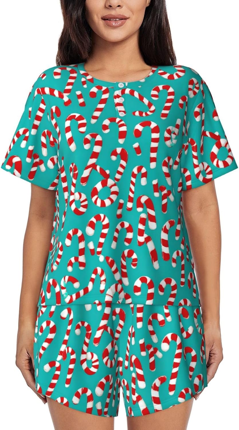 Sweet Candy Backdrop Print Cute Short Sleeve Pajama Set For Women Casual Loungewear With Pockets Four Seasons