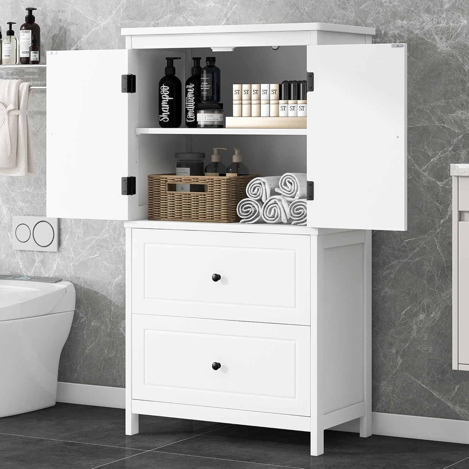 Virubi Tall Storage Cabinet,Wood Kitchen Cabinet with Drawers, Doors and Adjustable Shelves, for Bathroom, Kitchen, Office, Freestanding (White)