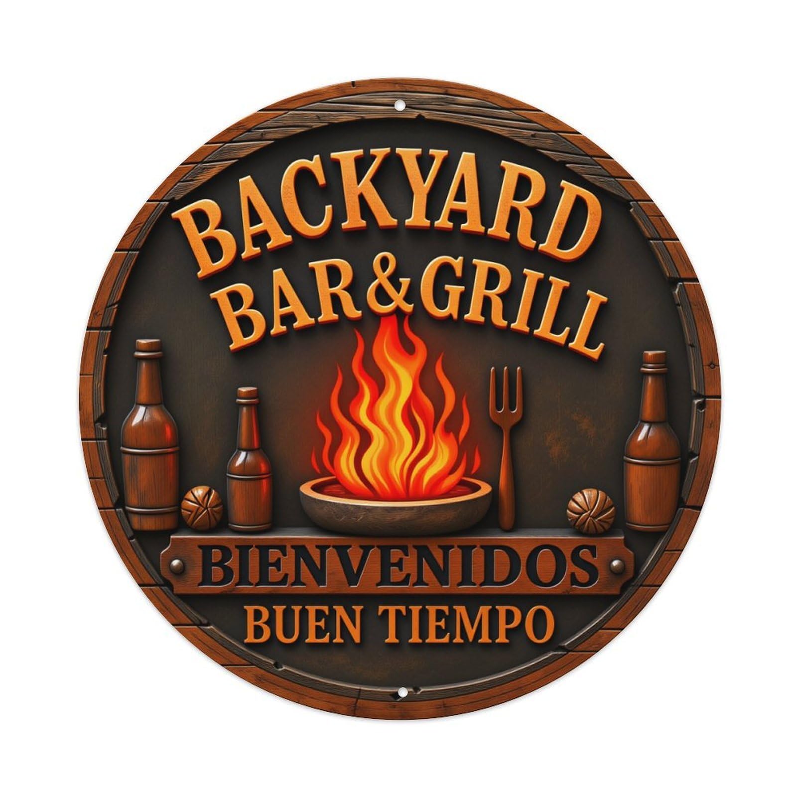 Backyard Bar Grill Fire Welcome Good Time Metal Tin Sign Vintage Garden Bedroom Cafe Bar Man Cave Home Wall Decor Metal Poster 8x8 inches
