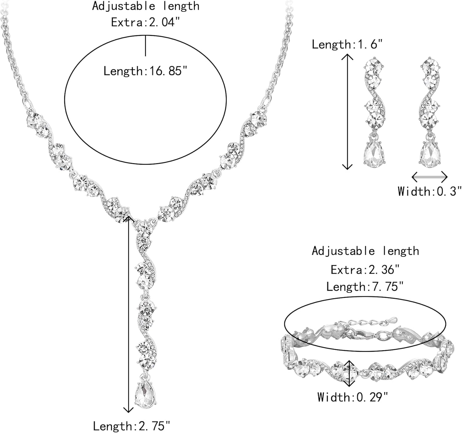 Crysdue Rhinestone Wedding Jewelry Set for Women Brides Bridesmaid, Sparkle Crystal Earrings Statement Necklace Bracelet Set for Party Prom