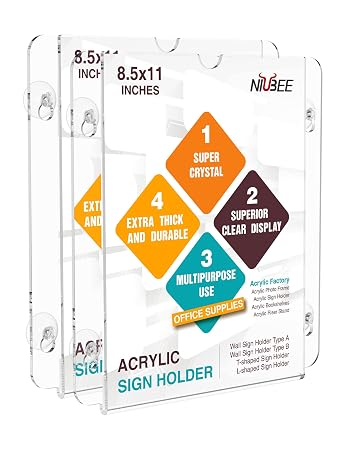 NIUBEE Acrylic Window Sign Holder 8.5 11 Inch with 4 Suction Cups for Glass Window Wall Mount, Advertise Display Office Store Promotion Picture Frame for Mall, Office, Home, Restaurant (8.5 11in - 2pcs)