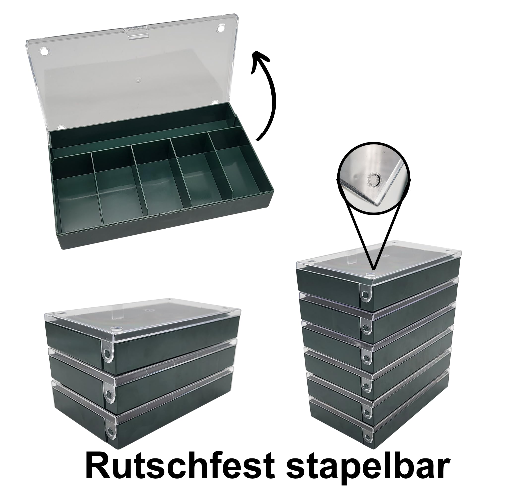 Berger & Schröter Set 3 Scatole Porta Oggetti Con Scomparti – 2, 5 E 10 Scomparti – Impilabili, Antiscivolo, Coperchio Trasparente