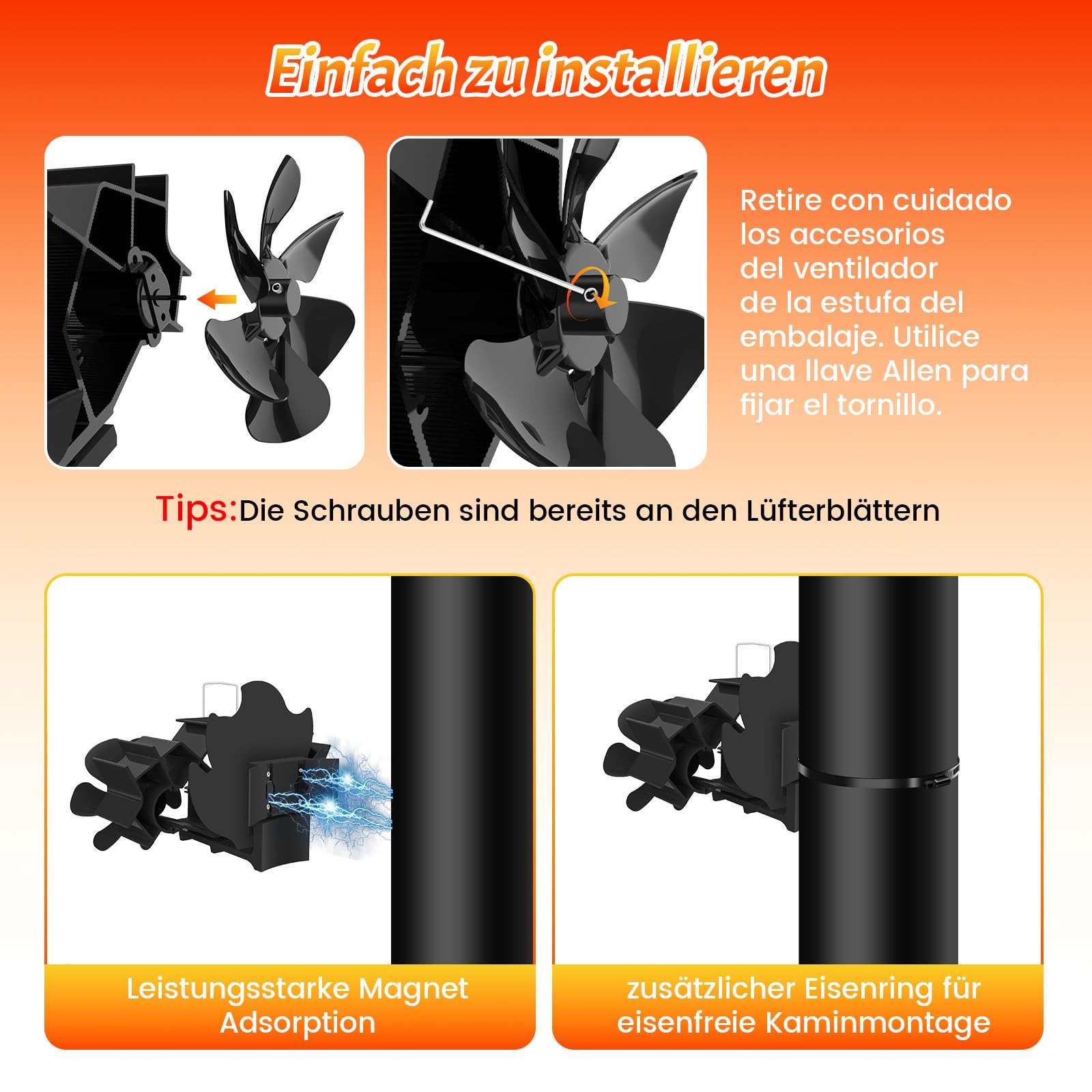 Magnetischer Kaminventilator, Doppelkopf-Ofenventilator mit 12 Flügeln, thermisch angetrieben ohne Stromversorgung mit Thermometer