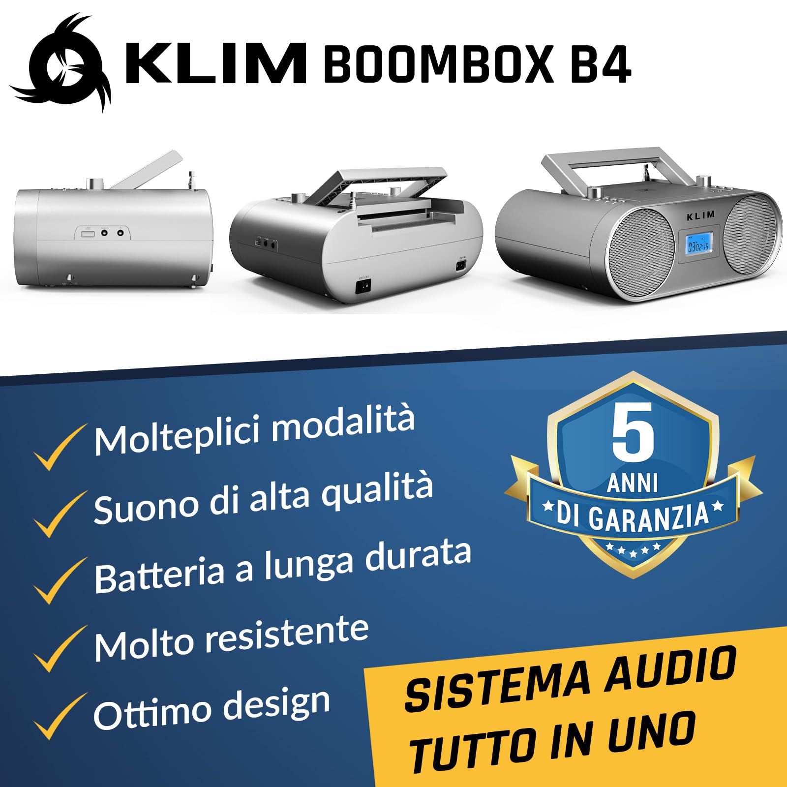 Boombox B4 Lettore CD Stereo, Bluetooth, AUX, AM FM Radio con e USB | Filo o Wireless, Batteria Ricaricabile, Telecomando, Standby Automatico, Eq Digitale, Non Fermare la Musica - Argento