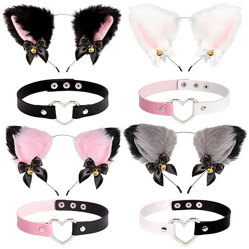Whaline 8Pcs Cat Cosplay Costume Set Black Pink Ear Headband with Bell Heart Choker Necklace Girl Plush Furry Cat Ear Hair Band for Girl Women Adult Party Fancy Dress Halloween Drama