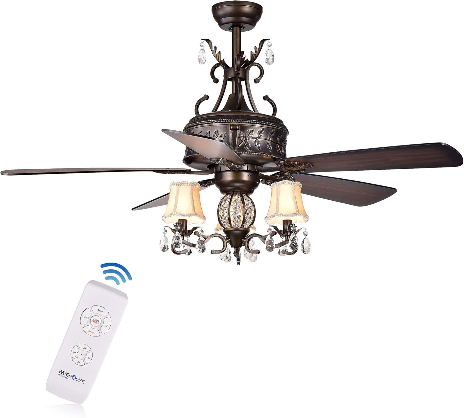 Firtha 52-Inch 5-Blade Antique Lighted Ceiling Fans with Branched French Chandelier (with Remote)