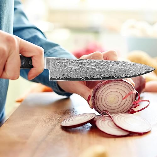 Miniatura 3 de Cuchillo de chef japonés profesional de 8 pulgadas, afilado de 67 capas Damasco VG-10 con núcleo de acero, cuchillo de cocina martillado con mango