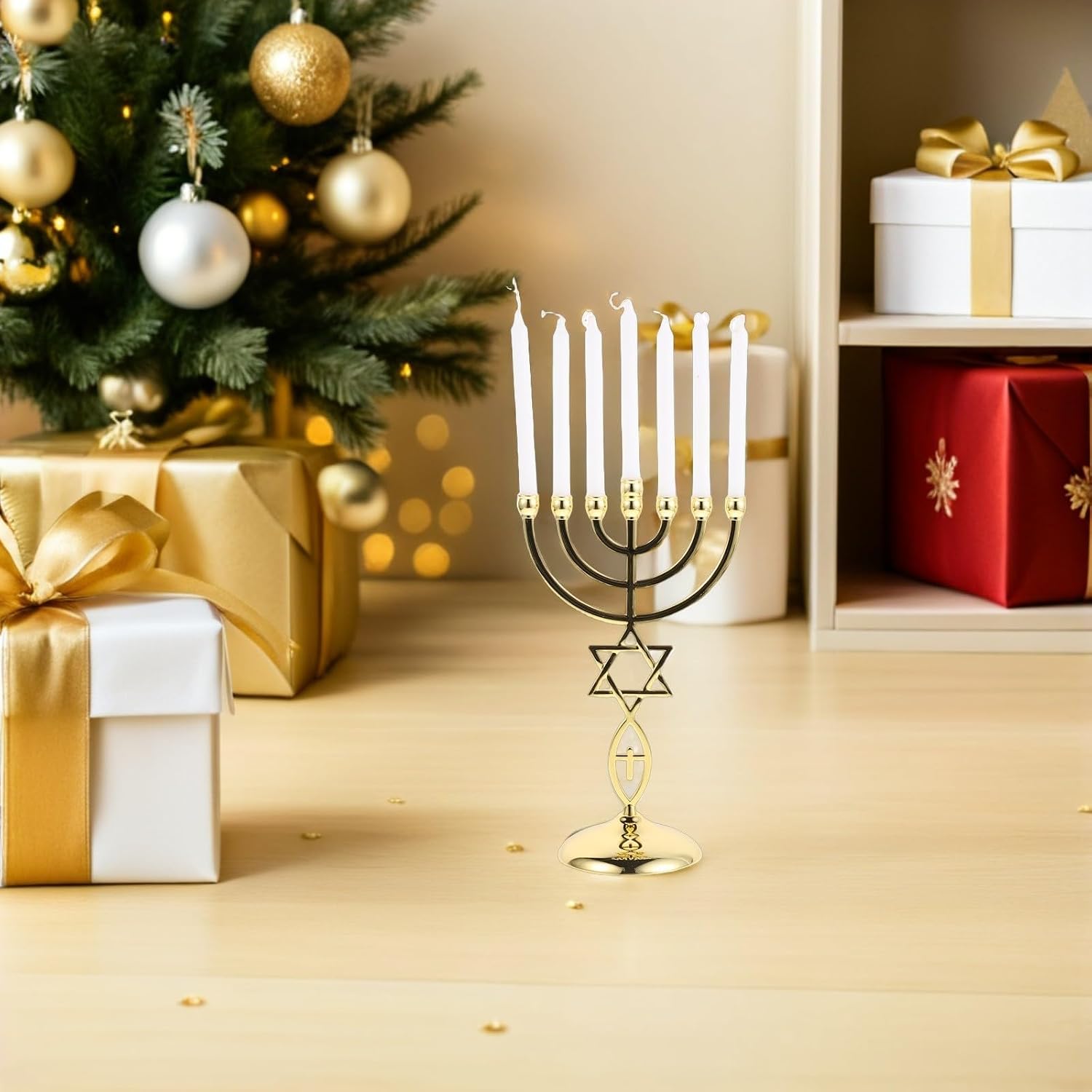 7 Branch Vintage Gold Metal Menorah Candelabra with Included Pillar Candles, Zinc Alloy Hand-Forged Religious Candle Holder for Candlelight Dinner Settings and Elegant Table
