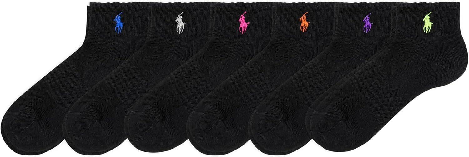 POLO RALPH LAUREN womens Performance Cotton Ankle Socks - 6 Pair Pack - Breathable Mesh & Sport Cushioning