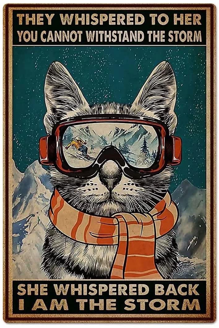 Tin Sign Ski Cat Nostalgic Tin Signs Funny Poster Art Wall Decor for Pub Bar Vintage Wall Stickers 8x12 Inch