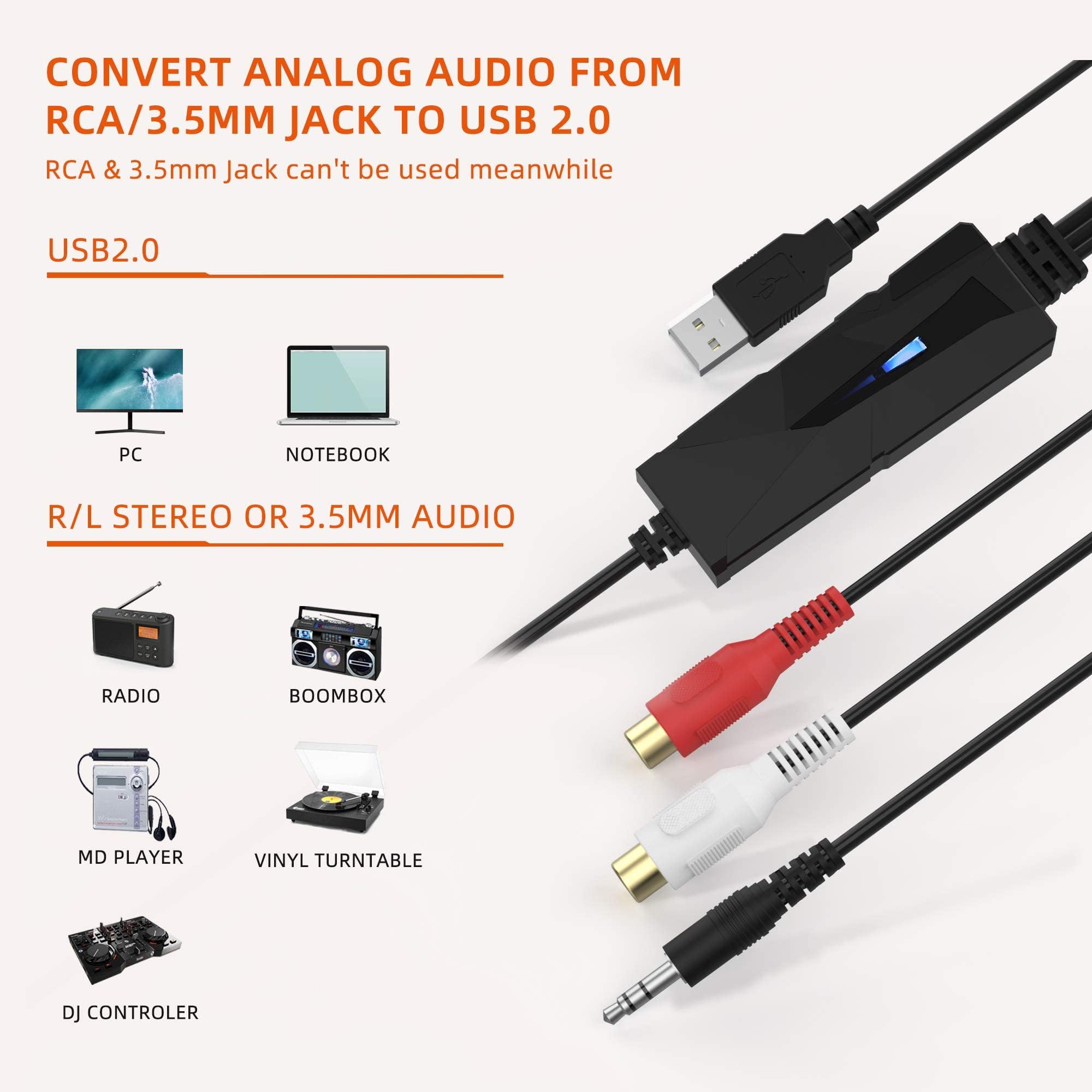 USB Audio Grabber für Stereo R/L oder 3,5 mm analoge Instrumente - Kompatibel mit Windows 11, macOS 14 Sonoma
