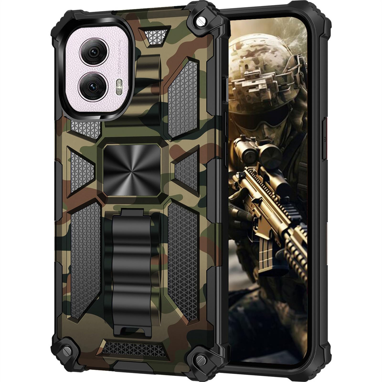 Ysnzaq Camo Case for Motorola Moto G Power (2024), Military Grade Shockproof Protective Phone Case with Kickstand for Motorola Moto G Power (2024) MC Army Green