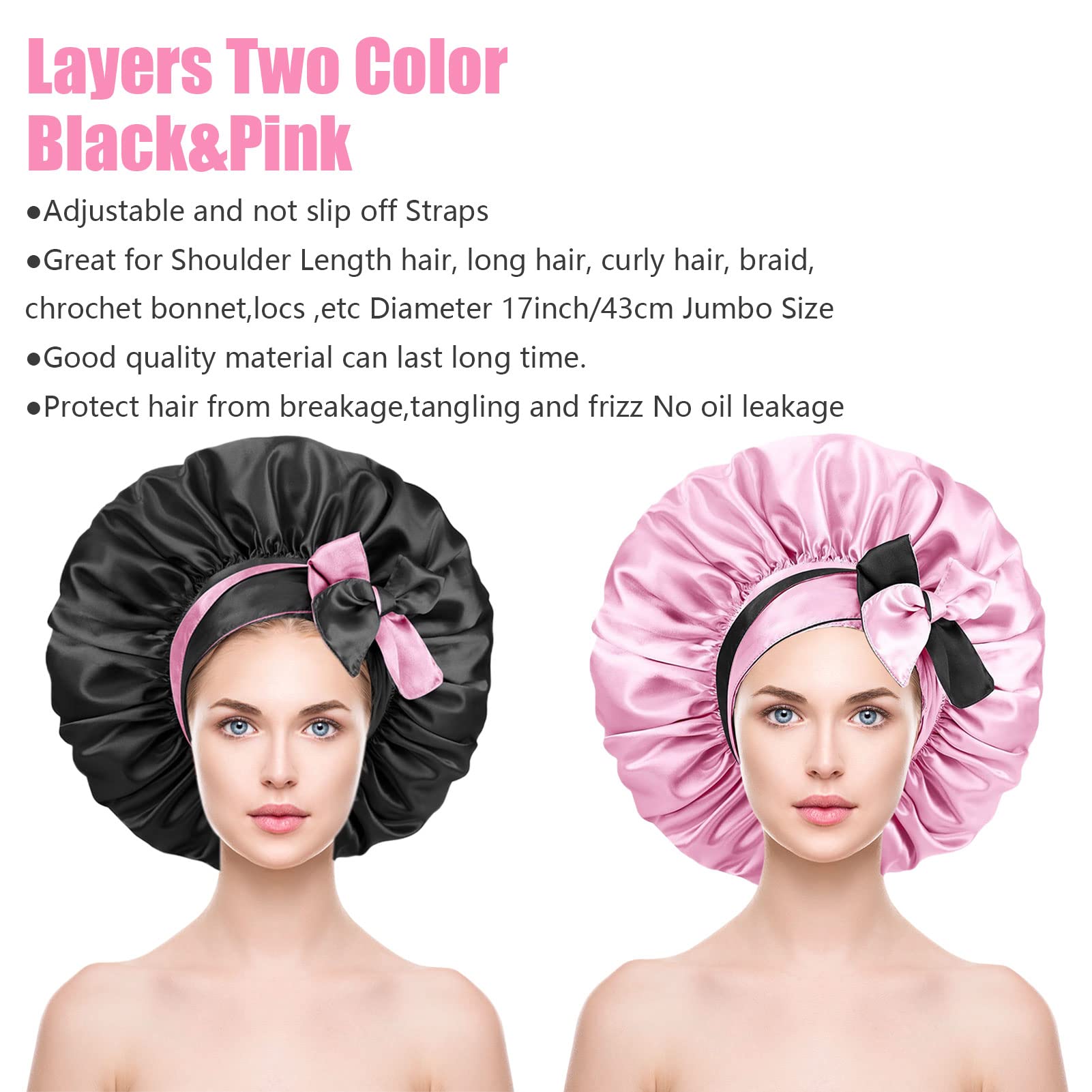 1PC Silk Satin Bonnet Hair Bonnet with Tie Band Silk Hair Wrap for Sleeping Extra Large Silk Bonnet Sleep Cap Adjustable Double Sided Reversible Nightcap for Long Curly Hair Black Women Braids Care - Image 2