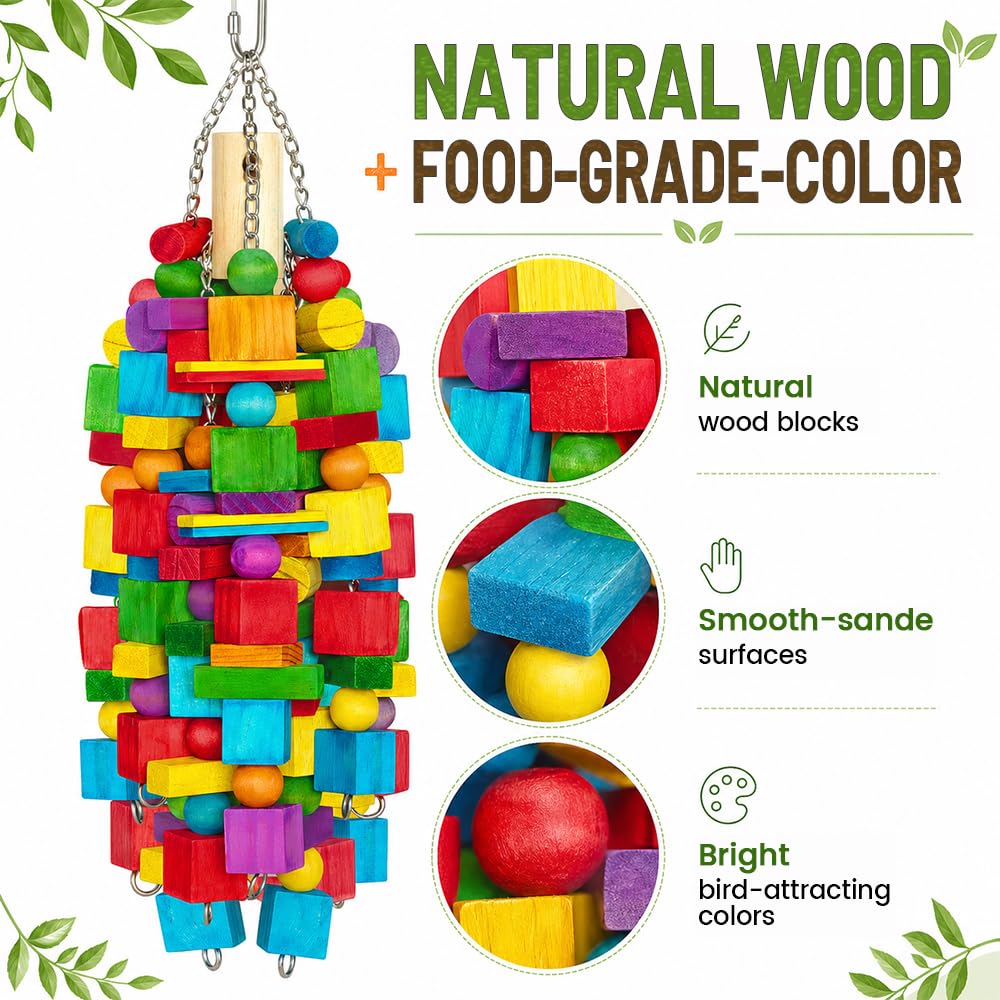 Giocattoli per uccelli extra large – 55 cm, giocattoli naturali per pappagalli da masticare e foraggiamento, con catena SS e colori commestibili per pappagalli di medie e grandi dimensioni, ara