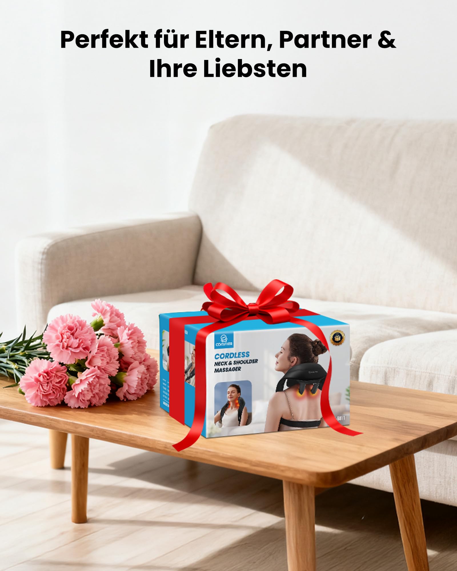 COMFIER Kabelloses Nackenmassagegerät mit Wärme | 4D Kneten Nacken und Schulter Massagegerät, Shiatsu Nacken Rückenmassagegerät Kissen, 2 Heizstufen, Geschenke für Mama Papa