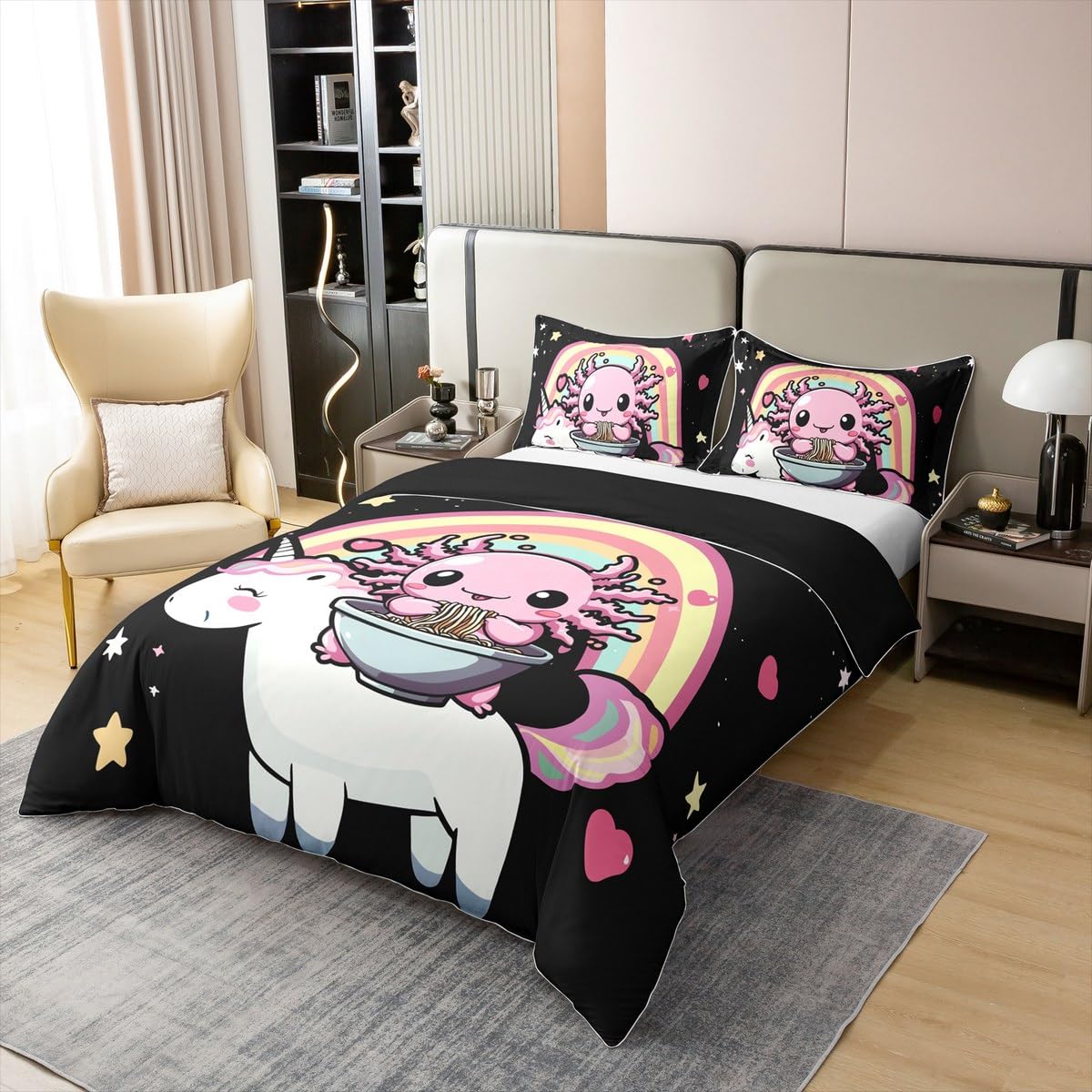 Homewish Gradient Regenbogen Axolotl Baumwolle Bettwäsche 135x200 Kinder,Niedlich Cartoon Einhorn Bettbezug für Mädchen Jungen Teenager,Dampfende Nudeln Kleine Sterne Liebedeko Ästhetische Bett Set