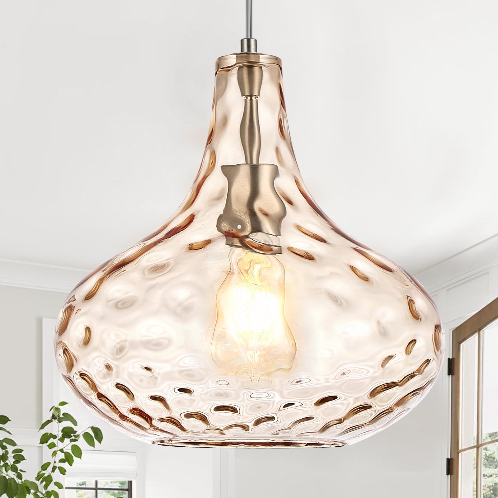CATINER 11" Amber Hammered Glass Pendant Light, Blown Glass Hanging Light Fixture with Brushed Nickel Finish, Vintage Modern Ceiling Light for Kitchen