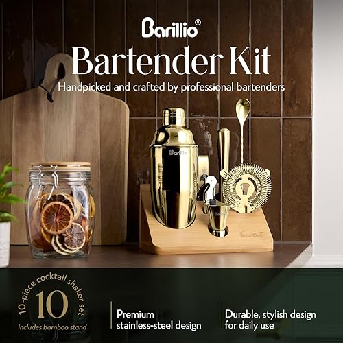 Miniatura 3 de Barillio Gold Bartender Kit  Juego de coctelera de acero inoxidable con soporte de bambú  Herramientas de barra de mixología con coctelera, cuchara