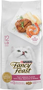 نكهة Purina Fancy Feast Dry Cat Filet Mignon مع المأكولات البحرية والروبيان - 12 رطل. كيس   