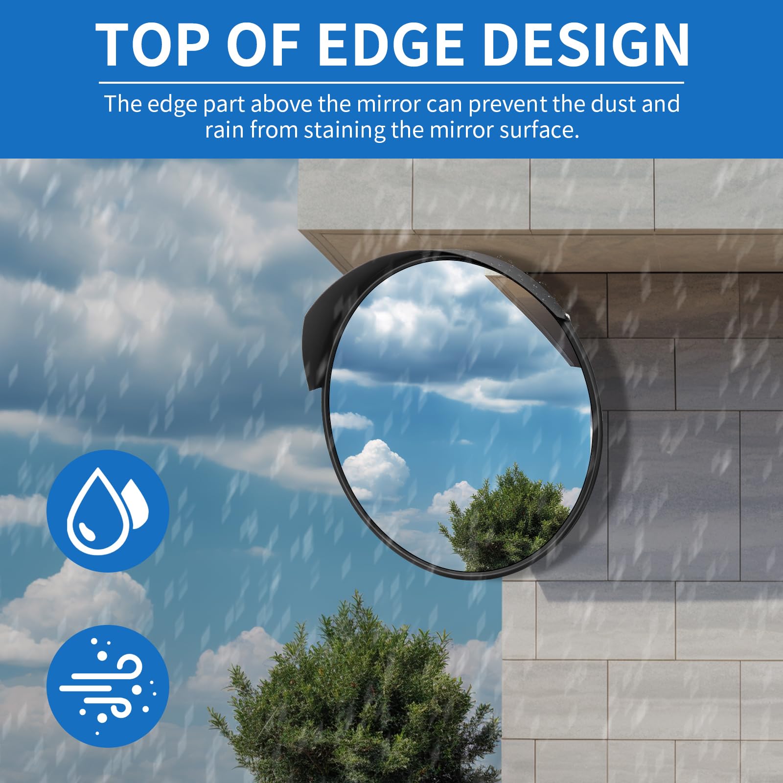 Miroir d'allée convexe avec miroir d'angle mort de bord, grand angle avec support de fixation réglable Miroir de sécurité incurvé (support extérieur et intérieur)