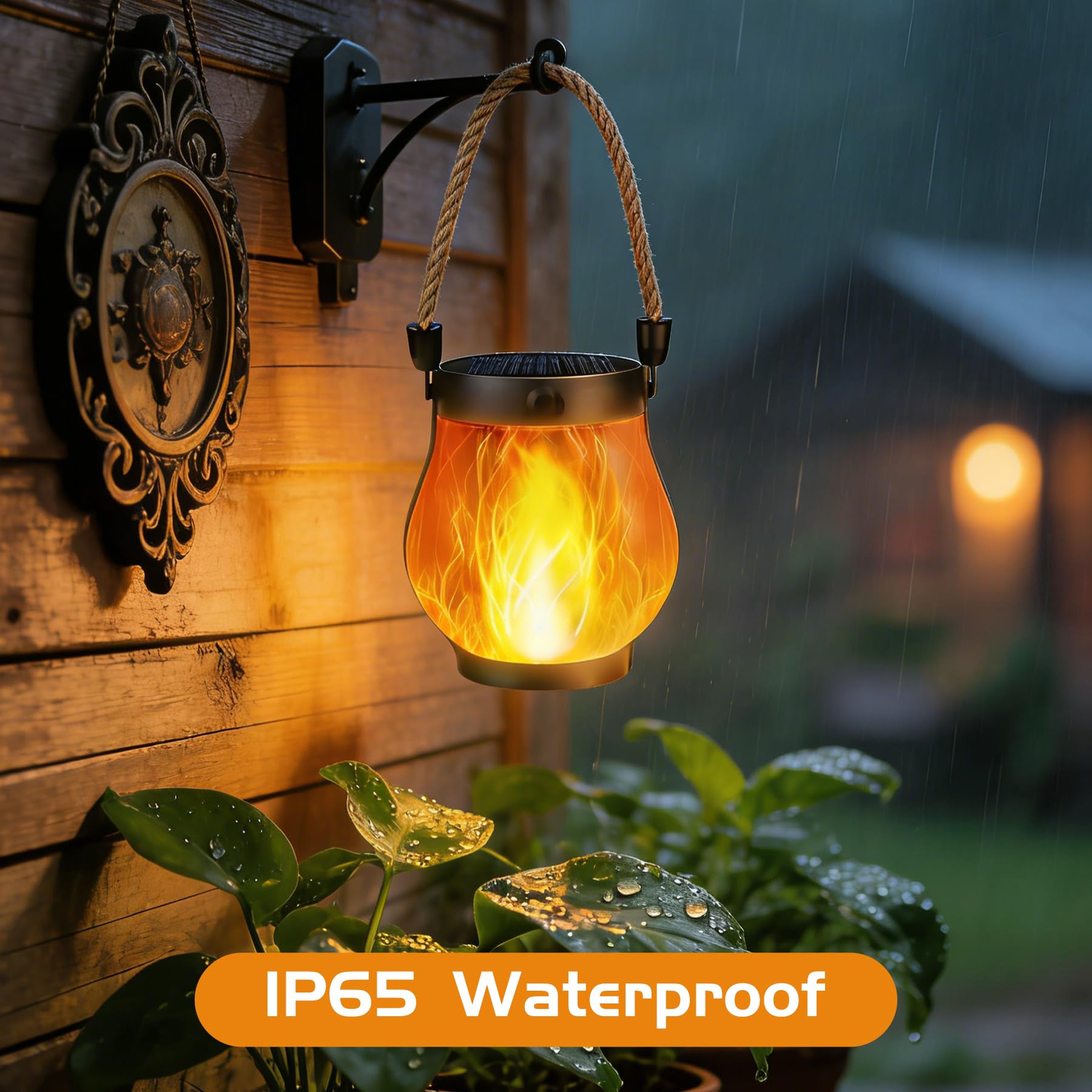 Solarlaternen für den Außenbereich, wasserdicht, flackernde Flamme, hängende Laternen, dekorativ, für den Außenbereich, mit 2 Modi, Dual-Aufladung, USB und solarbetrieben, für Veranda, Hof, Terrasse